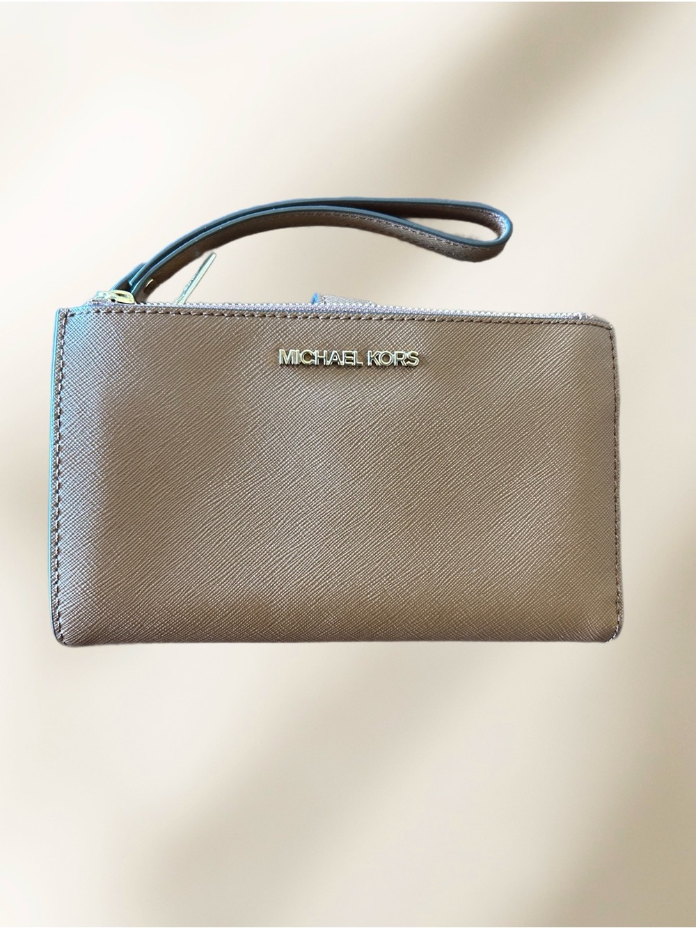 Michael Kors Taupe Saffiano Wristlet Wallet with Gold Logo